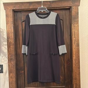 Knee-length Black and Gray Sheath Dress with Long Cuffed Sleeves for Work